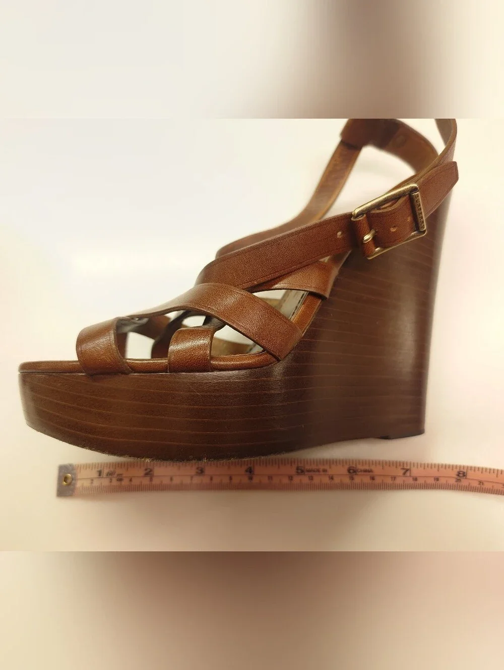 EUC Iconic Brown BURBERRY Delamer Leather Platform Wedge Sandal 39 Runway Heels